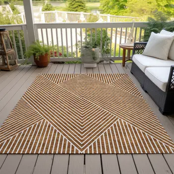 5' X 8' Terra Cotta And Ivory Geometric Washable Indoor Outdoor Area Rug