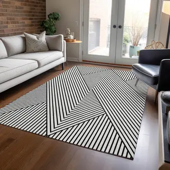 3' X 5' White And Black Geometric Washable Indoor Outdoor Area Rug