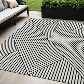 5' X 8' White And Black Geometric Washable Indoor Outdoor Area Rug