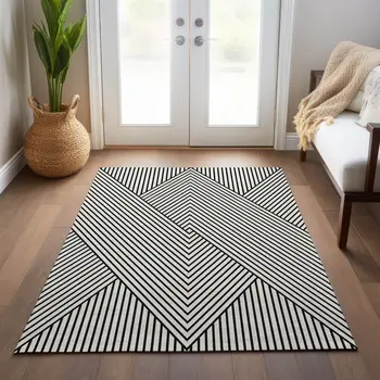5' X 8' White And Black Geometric Washable Indoor Outdoor Area Rug