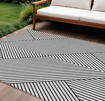9' X 12' White And Black Geometric Washable Indoor Outdoor Area Rug