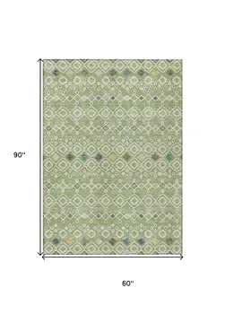 5' X 8' Sage Ivory And Teal Blue Geometric Washable Indoor Outdoor Area Rug