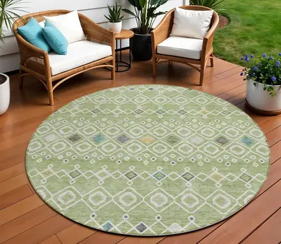 8' Sage Ivory And Teal Blue Round Geometric Washable Indoor Outdoor Area Rug
