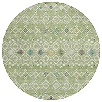 8' Sage Ivory And Teal Blue Round Geometric Washable Indoor Outdoor Area Rug