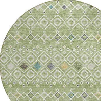 8' Sage Ivory And Teal Blue Round Geometric Washable Indoor Outdoor Area Rug
