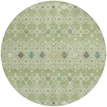 8' Sage Ivory And Teal Blue Round Geometric Washable Indoor Outdoor Area Rug