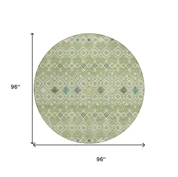 8' Sage Ivory And Teal Blue Round Geometric Washable Indoor Outdoor Area Rug