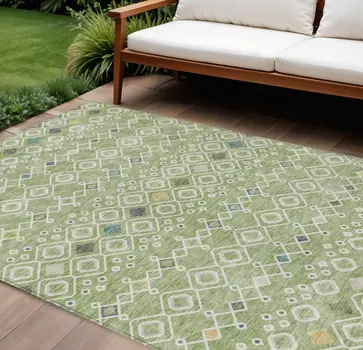 8' X 10' Sage Ivory And Teal Blue Geometric Washable Indoor Outdoor Area Rug
