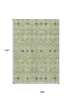 9' X 12' Sage Ivory And Teal Blue Geometric Washable Indoor Outdoor Area Rug
