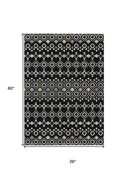 3' X 5' Black Ivory And Blue Geometric Washable Indoor Outdoor Area Rug