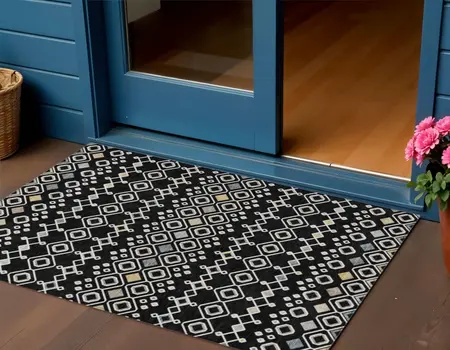 3' X 5' Black Ivory And Blue Geometric Washable Indoor Outdoor Area Rug