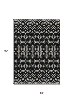 5' X 8' Black Ivory And Blue Geometric Washable Indoor Outdoor Area Rug