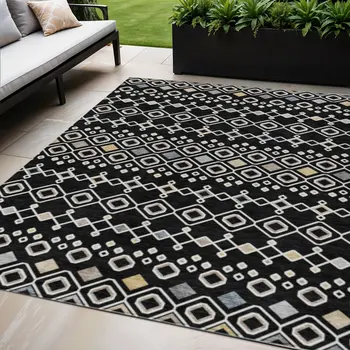 5' X 8' Black Ivory And Blue Geometric Washable Indoor Outdoor Area Rug