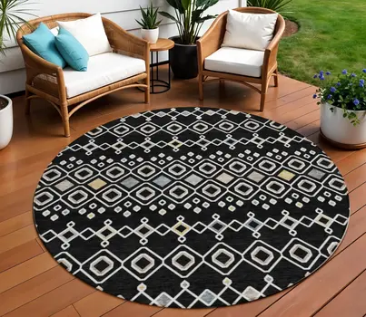 8' Black Ivory And Blue Round Geometric Washable Indoor Outdoor Area Rug