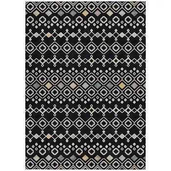 8' X 10' Black Ivory And Blue Geometric Washable Indoor Outdoor Area Rug