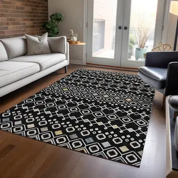 8' X 10' Black Ivory And Blue Geometric Washable Indoor Outdoor Area Rug