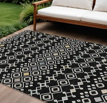 9' X 12' Black Ivory And Blue Geometric Washable Indoor Outdoor Area Rug