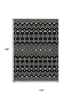 10' X 14' Black Ivory And Blue Geometric Washable Indoor Outdoor Area Rug