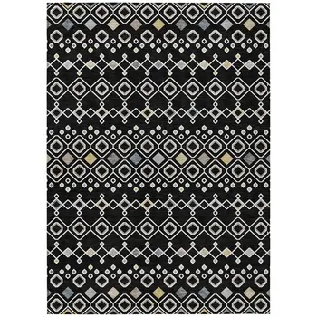 10' X 14' Black Ivory And Blue Geometric Washable Indoor Outdoor Area Rug