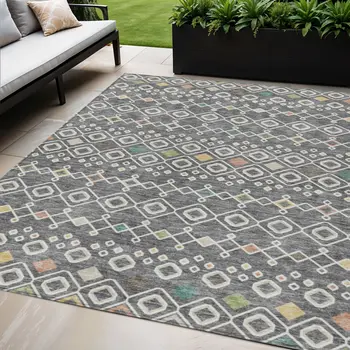 5' X 8' Gray Ivory And Gold Geometric Washable Indoor Outdoor Area Rug