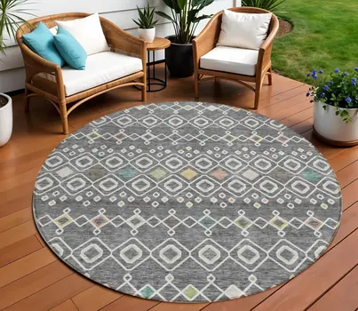 8' Gray Ivory And Gold Round Geometric Washable Indoor Outdoor Area Rug