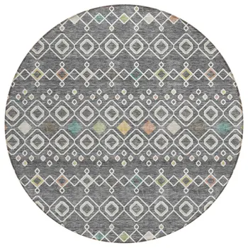 8' Gray Ivory And Gold Round Geometric Washable Indoor Outdoor Area Rug