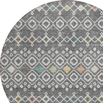 8' Gray Ivory And Gold Round Geometric Washable Indoor Outdoor Area Rug