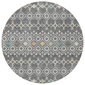 8' Gray Ivory And Gold Round Geometric Washable Indoor Outdoor Area Rug