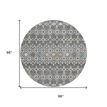 8' Gray Ivory And Gold Round Geometric Washable Indoor Outdoor Area Rug