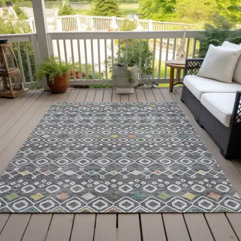 8' X 10' Gray Ivory And Gold Geometric Washable Indoor Outdoor Area Rug