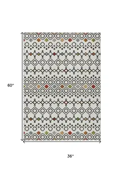 3' X 5' Ivory Red And Gray Geometric Washable Indoor Outdoor Area Rug