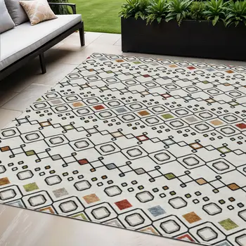 5' X 8' Ivory Red And Gray Geometric Washable Indoor Outdoor Area Rug