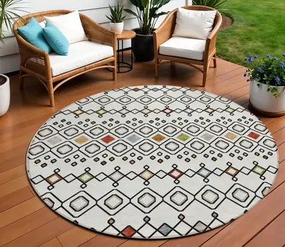 8' Ivory Red And Gray Round Geometric Washable Indoor Outdoor Area Rug
