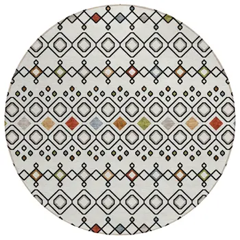 8' Ivory Red And Gray Round Geometric Washable Indoor Outdoor Area Rug