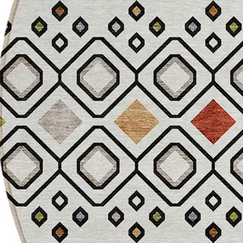 8' Ivory Red And Gray Round Geometric Washable Indoor Outdoor Area Rug