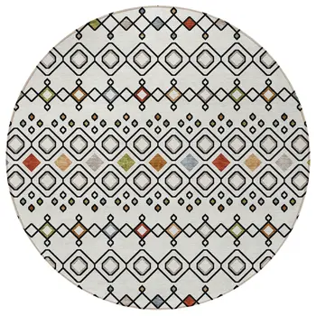 8' Ivory Red And Gray Round Geometric Washable Indoor Outdoor Area Rug