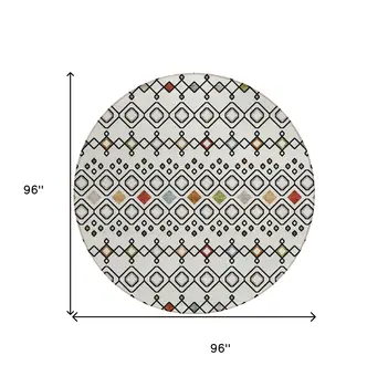 8' Ivory Red And Gray Round Geometric Washable Indoor Outdoor Area Rug
