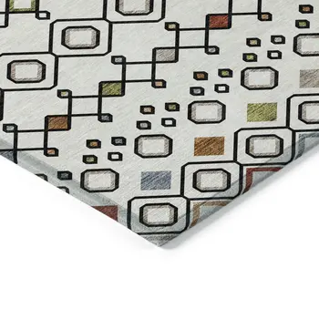 9' X 12' Ivory Red And Gray Geometric Washable Indoor Outdoor Area Rug