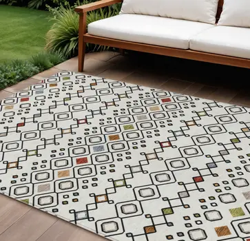 10' X 14' Ivory Red And Gray Geometric Washable Indoor Outdoor Area Rug