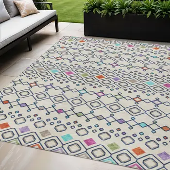 5' X 8' Linen Pink And Orange Geometric Washable Indoor Outdoor Area Rug