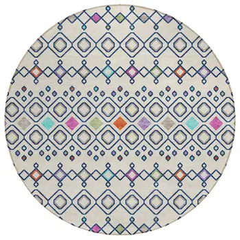 8' Linen Pink And Orange Round Geometric Washable Indoor Outdoor Area Rug
