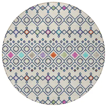 8' Linen Pink And Orange Round Geometric Washable Indoor Outdoor Area Rug
