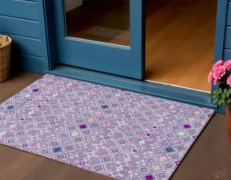3' X 5' Lavender Ivory And Blue Geometric Washable Indoor Outdoor Area Rug