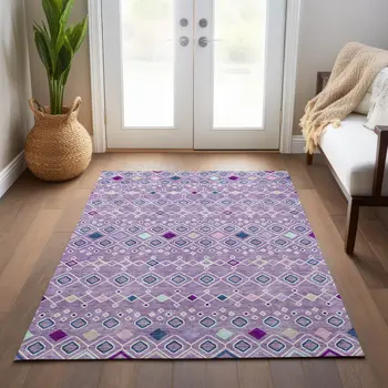 3' X 5' Lavender Ivory And Blue Geometric Washable Indoor Outdoor Area Rug