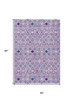 5' X 8' Lavender Ivory And Blue Geometric Washable Indoor Outdoor Area Rug