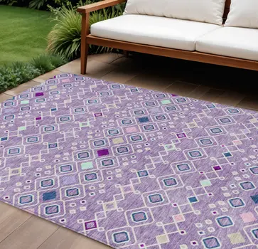 10' X 14' Lavender Ivory And Blue Geometric Washable Indoor Outdoor Area Rug