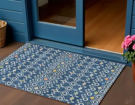 3' X 5' Navy Blue Ivory And Peach Geometric Washable Indoor Outdoor Area Rug