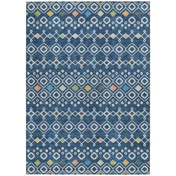 5' X 8' Navy Blue Ivory And Peach Geometric Washable Indoor Outdoor Area Rug