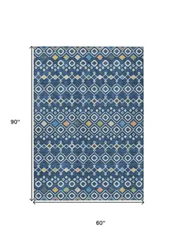 5' X 8' Navy Blue Ivory And Peach Geometric Washable Indoor Outdoor Area Rug