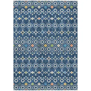 5' X 8' Navy Blue Ivory And Peach Geometric Washable Indoor Outdoor Area Rug